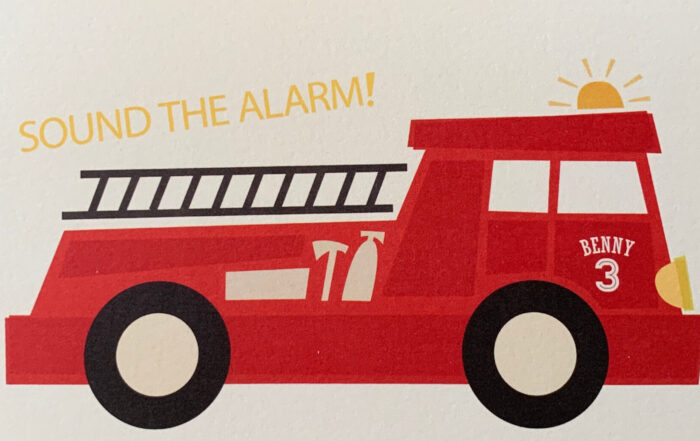 A cartoon drawing of a red firetruck with a black ladder. Above the first truck it says "Sound the alarm!"